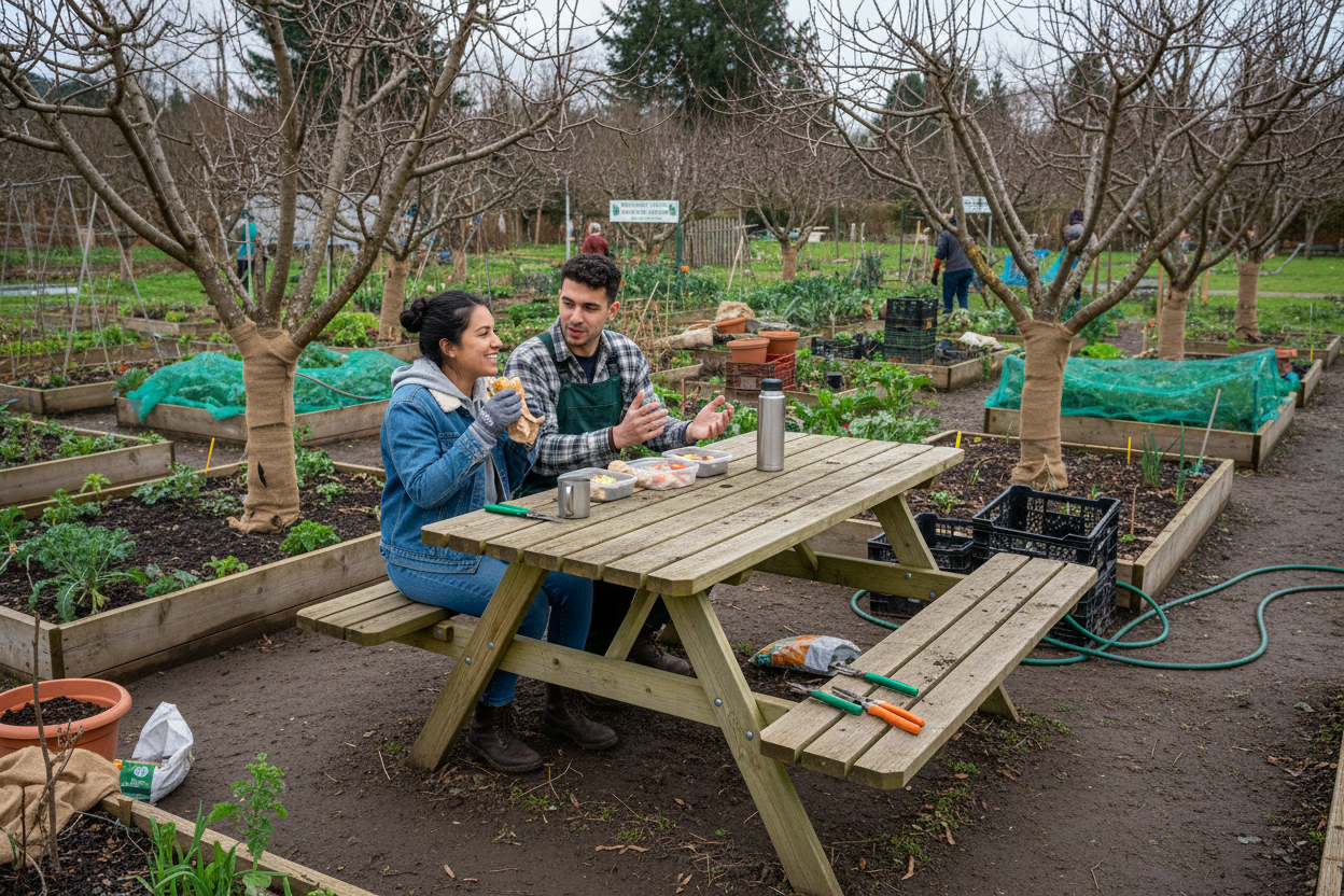 Latino stel in moestuin met verweerde tafel 12:42