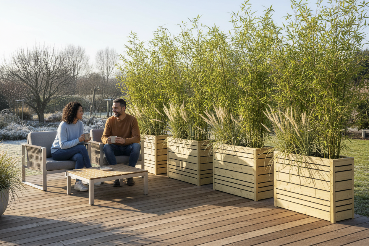 Latino stel op terras met hoge bloembakken privacy 13:06