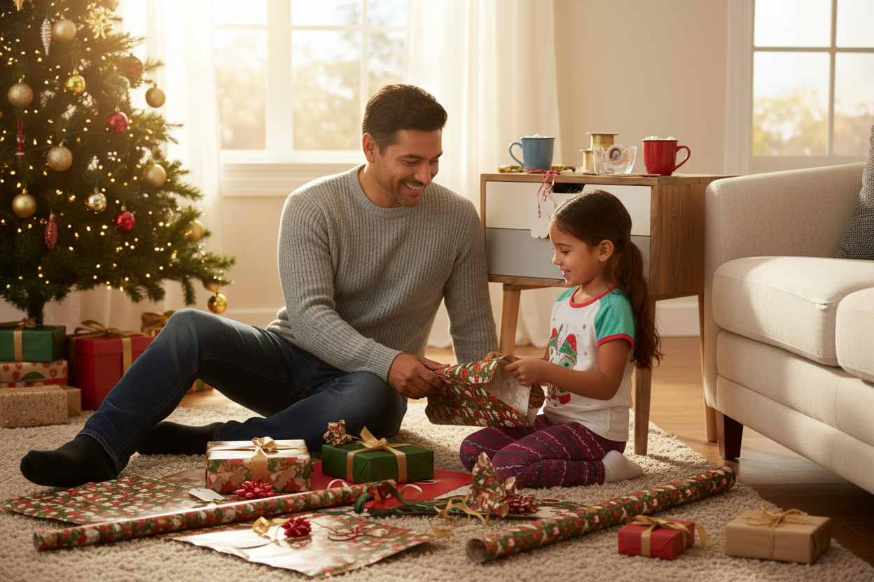 Latino vader en dochter pakken cadeaus