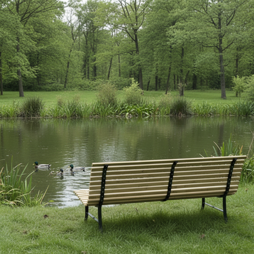 Lattenbank aan vijver met eenden