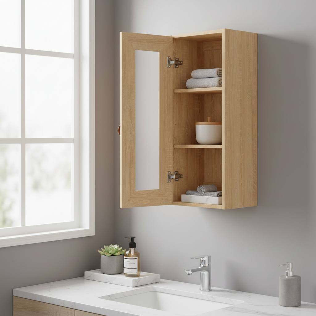 Licht eiken hangkast met glazen deur in moderne badkamer