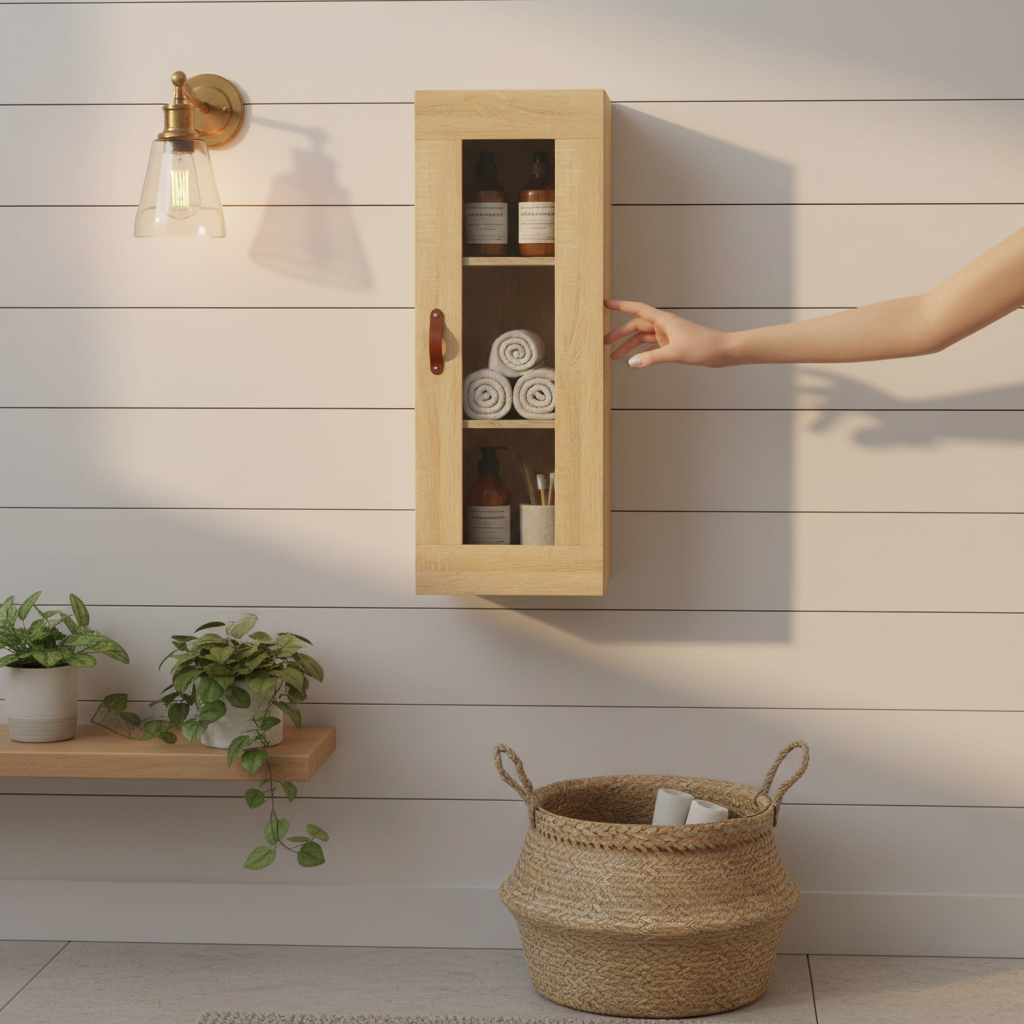 Licht eiken hangkast met glazen deur in Scandinavische badkamer