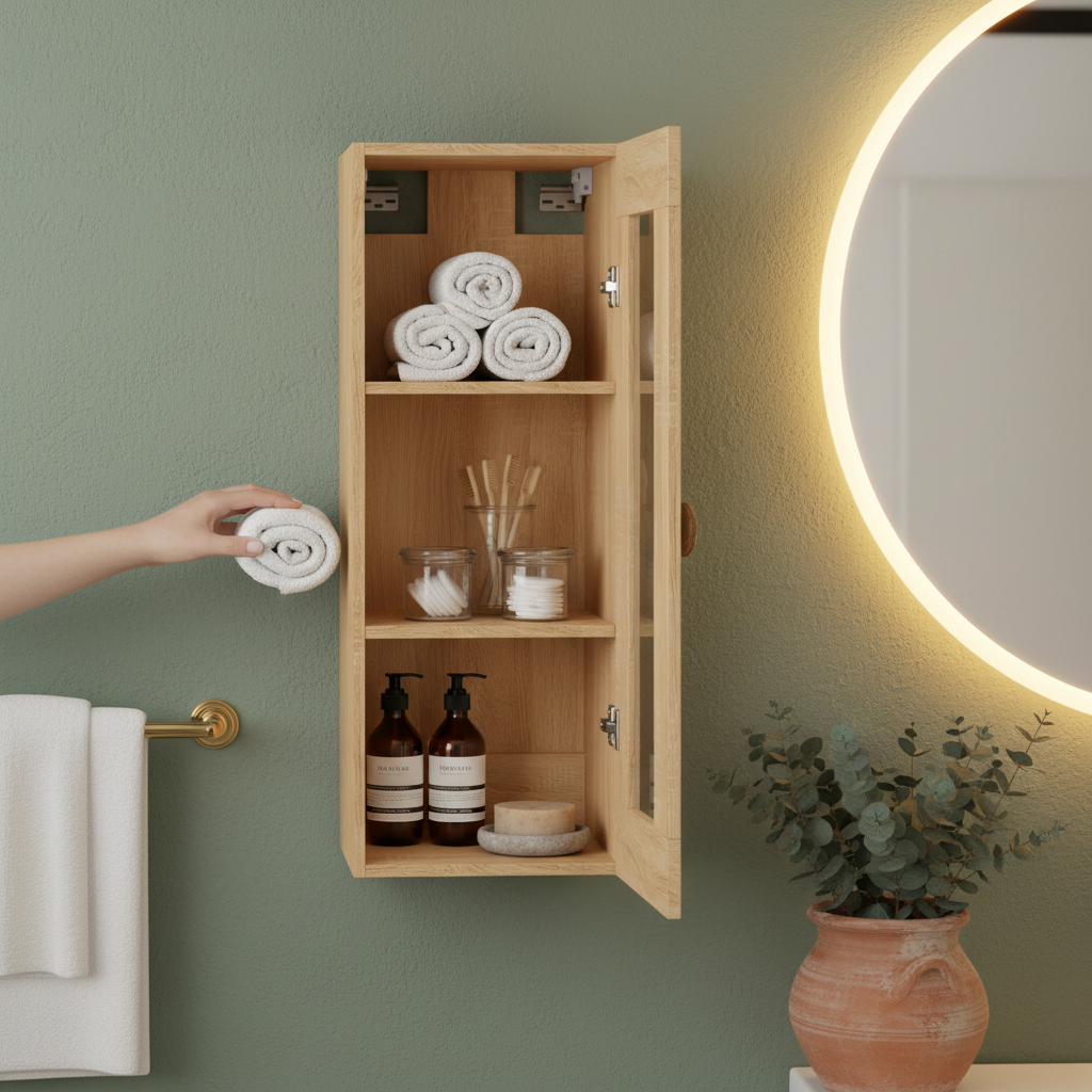 Licht eiken hangkast open in warme badkamer