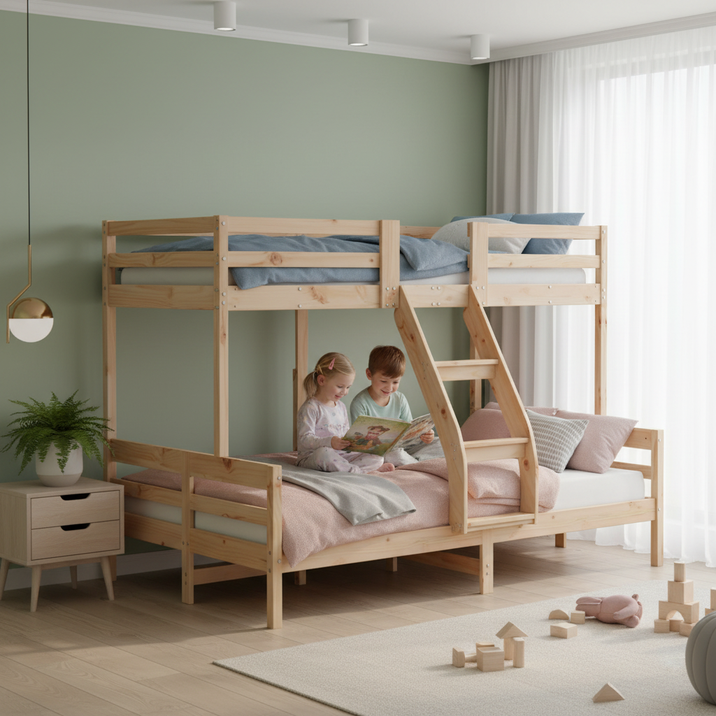 Lichthout stapelbed in pastel kamer