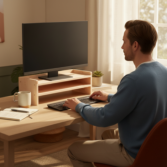 Light pine open shelf monitor stand - warm workspace