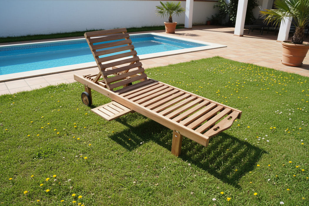 Teak ligzetel met wielen – verstelbaar in 6 standen voor ultiem comfort