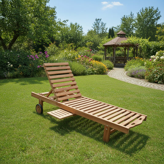 Teak ligzetel met wielen – verstelbaar in 6 standen voor ultiem comfort