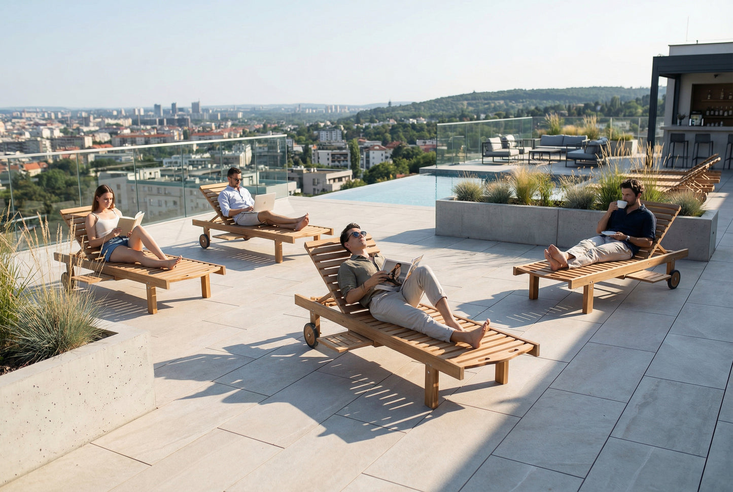 Teak ligzetel met wielen – verstelbaar in 6 standen voor ultiem comfort