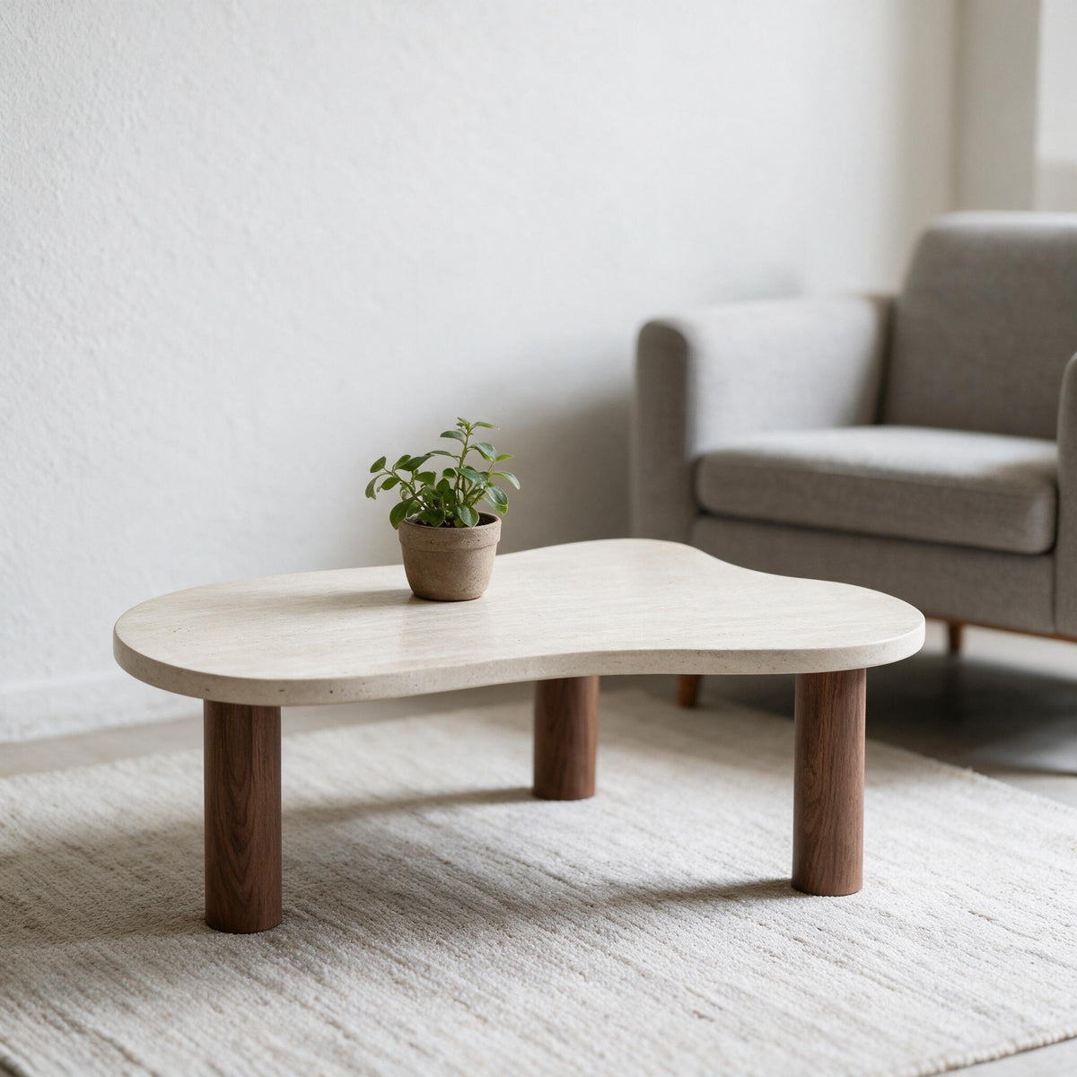 Kleine organisch gevormde salontafel in travertijnlook, gestyled met boeken en plant