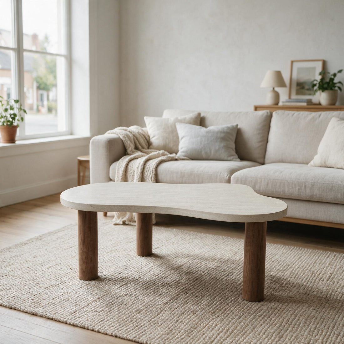 Kleine organisch gevormde salontafel met blad in travertijnlook en poten in notenlook, in een lichte woonkamer