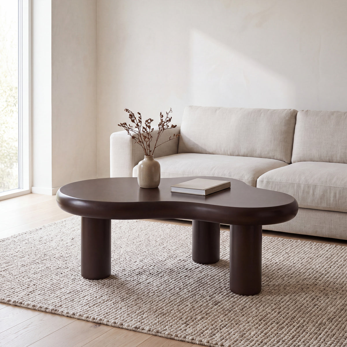 Liora Cloud salontafel in chocoladebruin voor een lichte linnen zetel