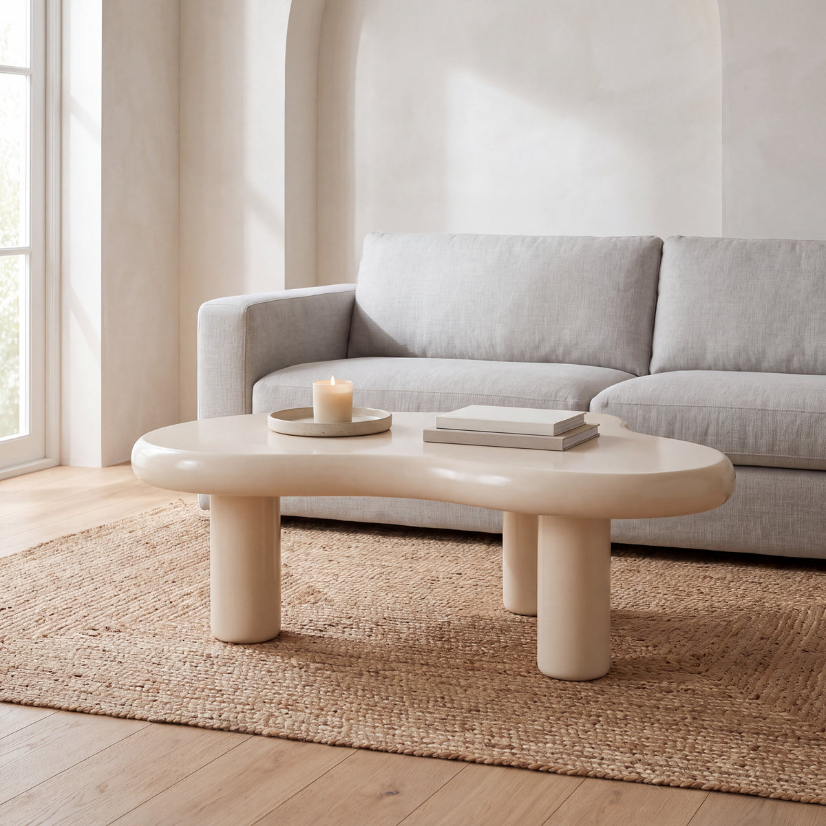 Liora Cloud salontafel in crème voor een lichtgrijze zetel, met kaars en boeken