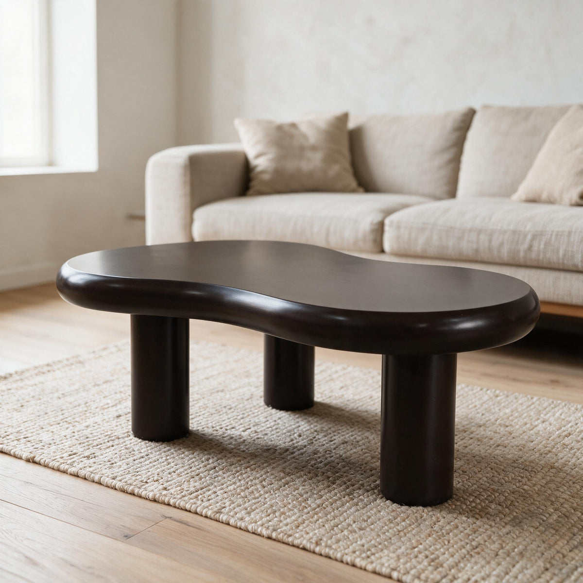 Liora Cloud salontafel in donker chocoladebruin op drie ronde poten, in een lichte woonkamer