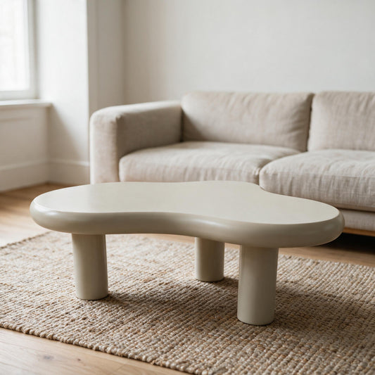 Liora Cloud salontafel in crème op drie ronde poten, in een lichte woonkamer