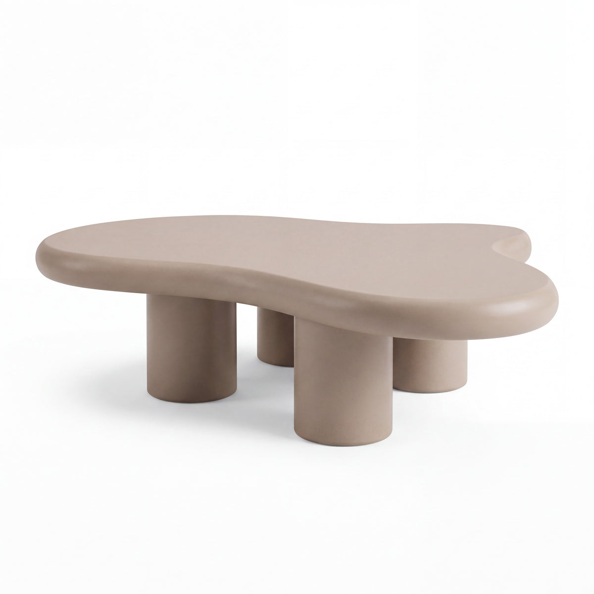 Liora Flow salontafel 100 × 69 × 30 cm in taupe, organische wolkvorm op vier ronde poten, op witte achtergrond