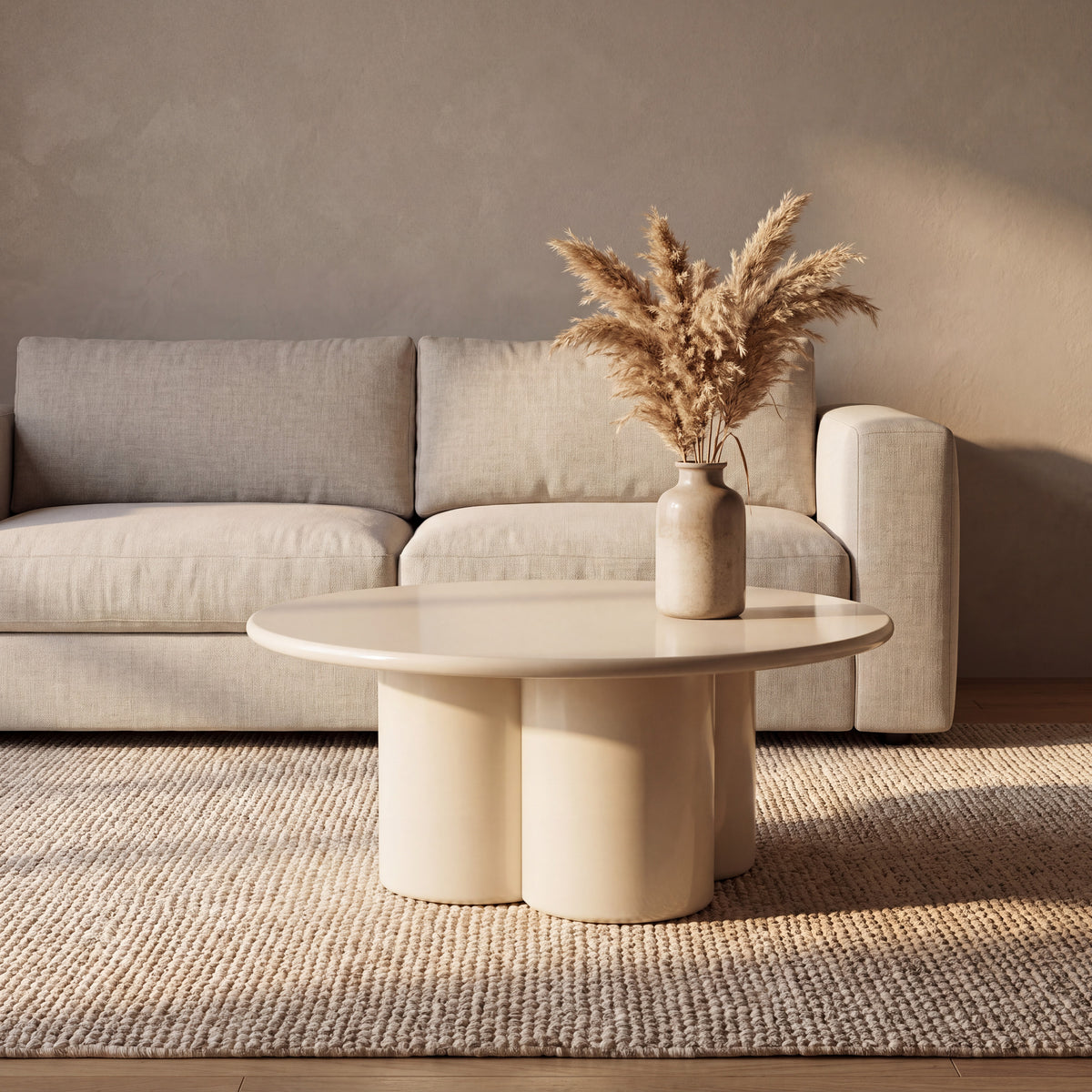 Liora salontafel Ø80 cm in hoogglans crème met klaverbladvoet voor een linnen zetel