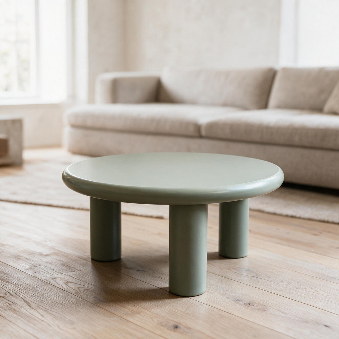 Liora salontafel Ø70 cm in mat saliegroen op drie dikke ronde poten, in een lichte woonkamer