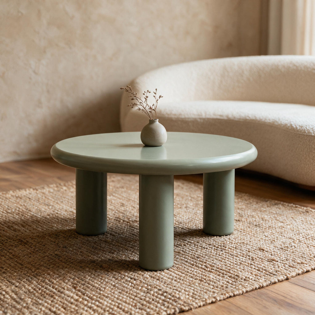 Liora salontafel Ø70 cm in mat saliegroen op drie ronde poten, in een warme woonkamer met vaasje