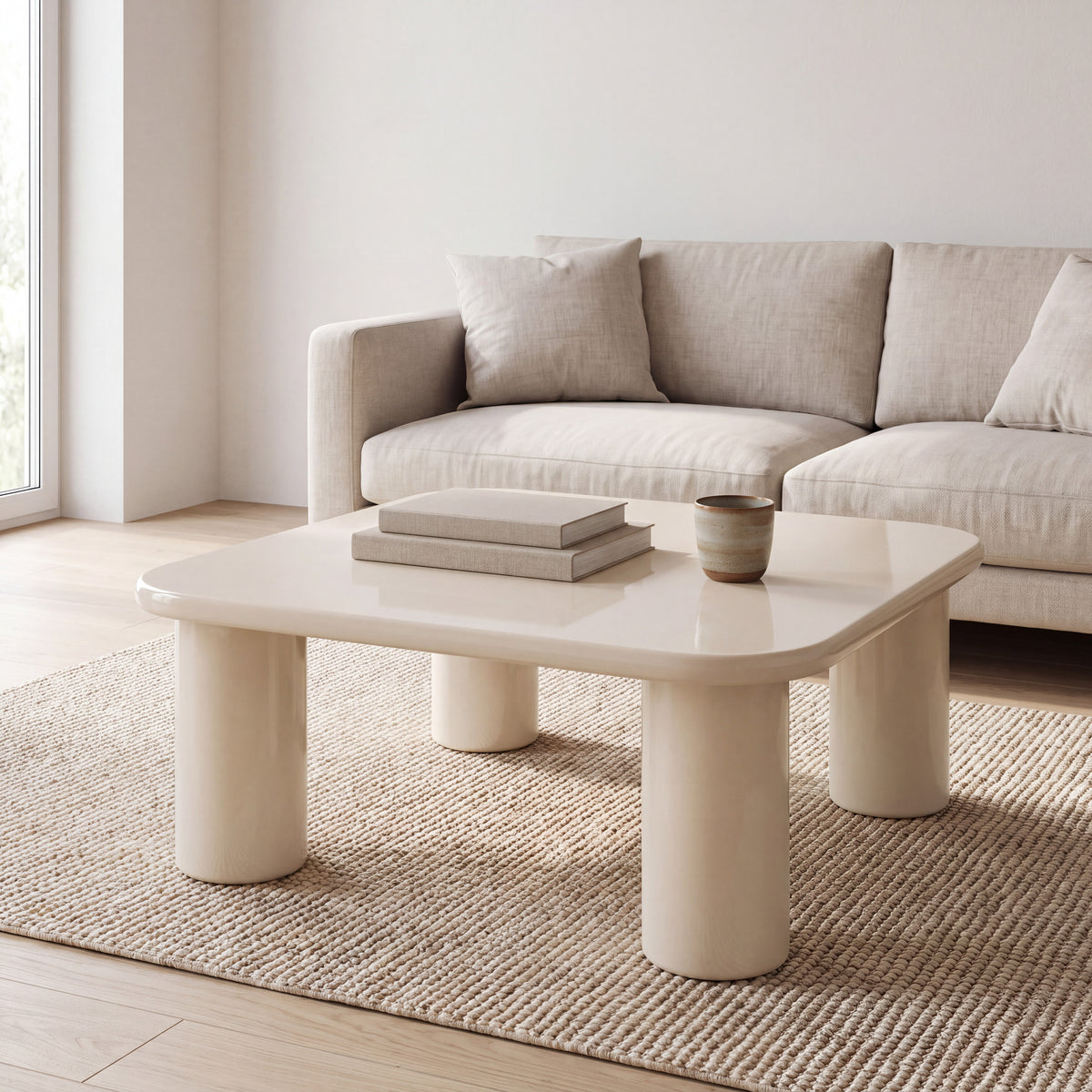 Liora vierkante salontafel in hoogglans crème in een lichte woonkamer