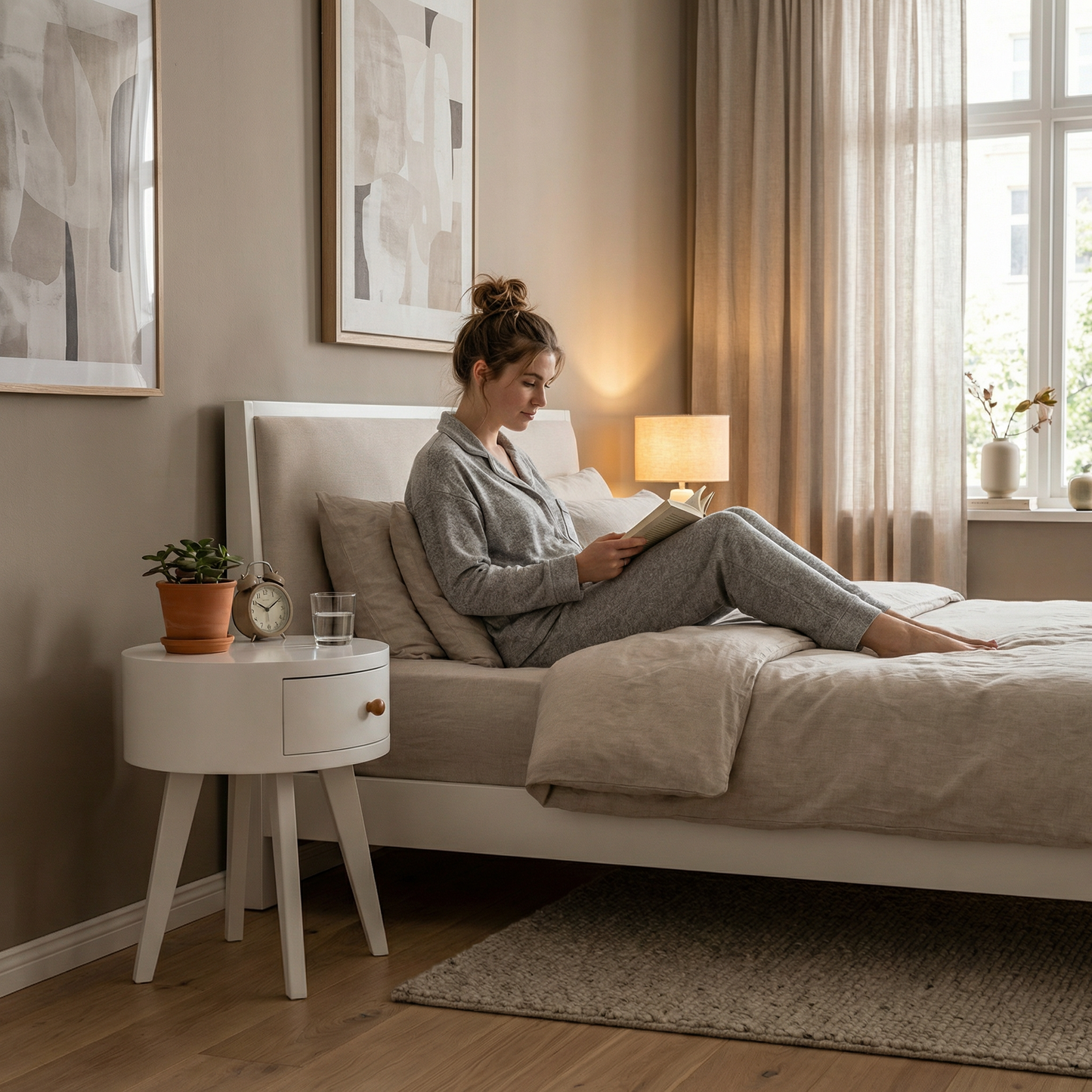 Luna Drawer – kompaktes rundes Nachttischchen mit Schublade, matt weiß (40 × 40 × 50 cm)