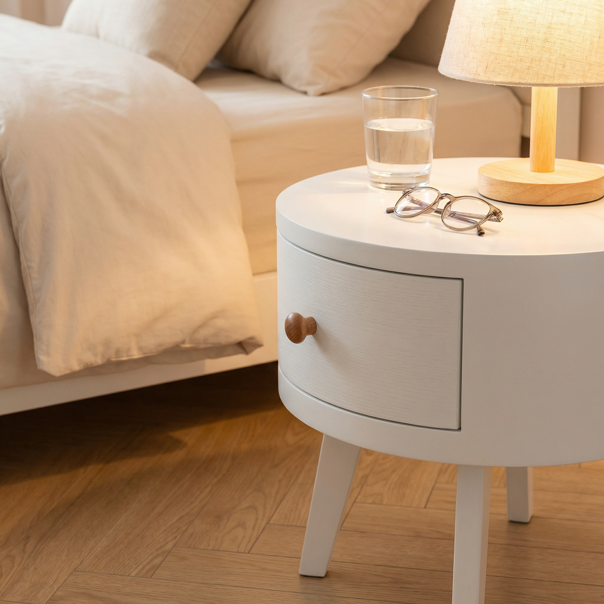 Luna Drawer – rundes weißes Nachttischchen