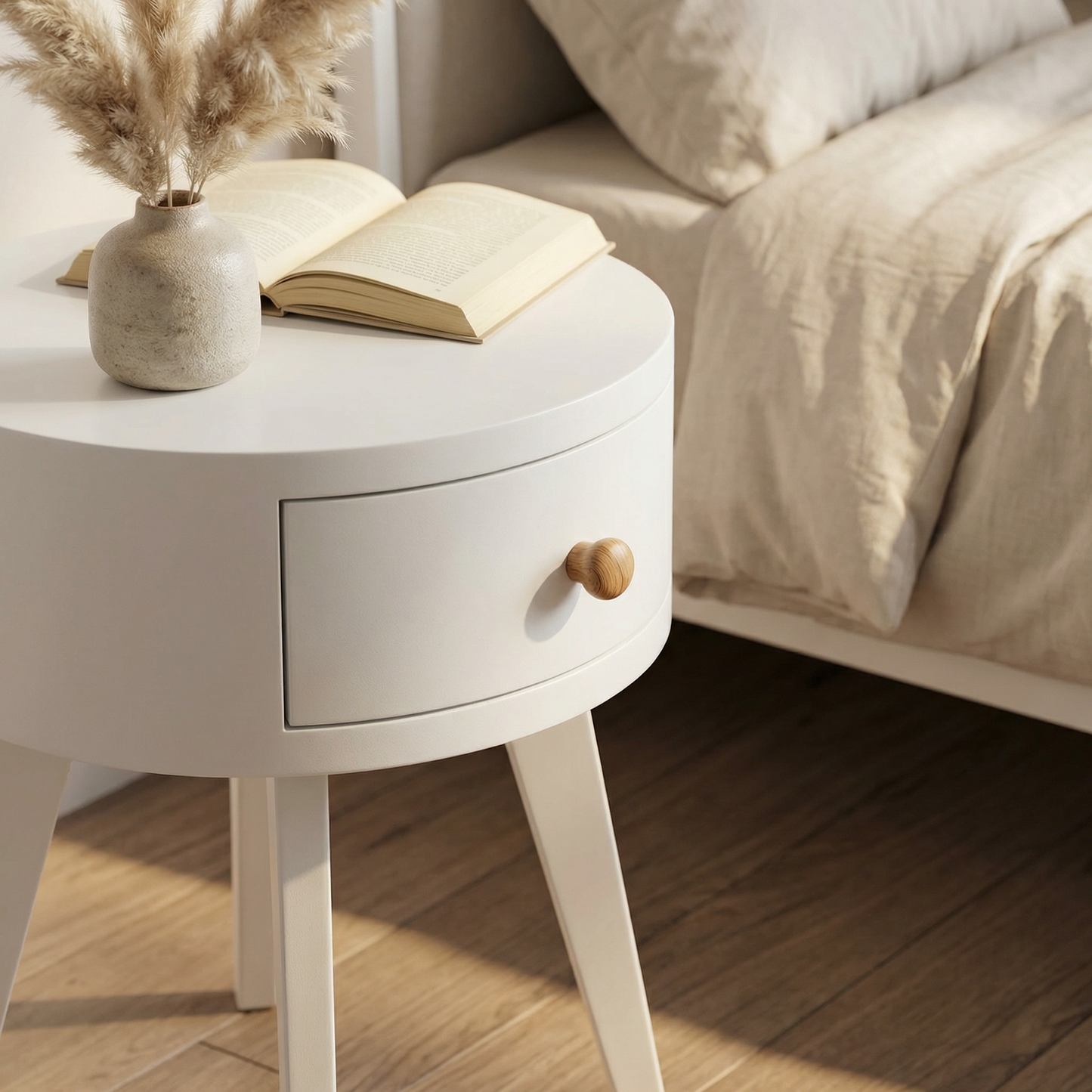 Luna Drawer – kompaktes rundes Nachttischchen mit Schublade, matt weiß (40 × 40 × 50 cm)