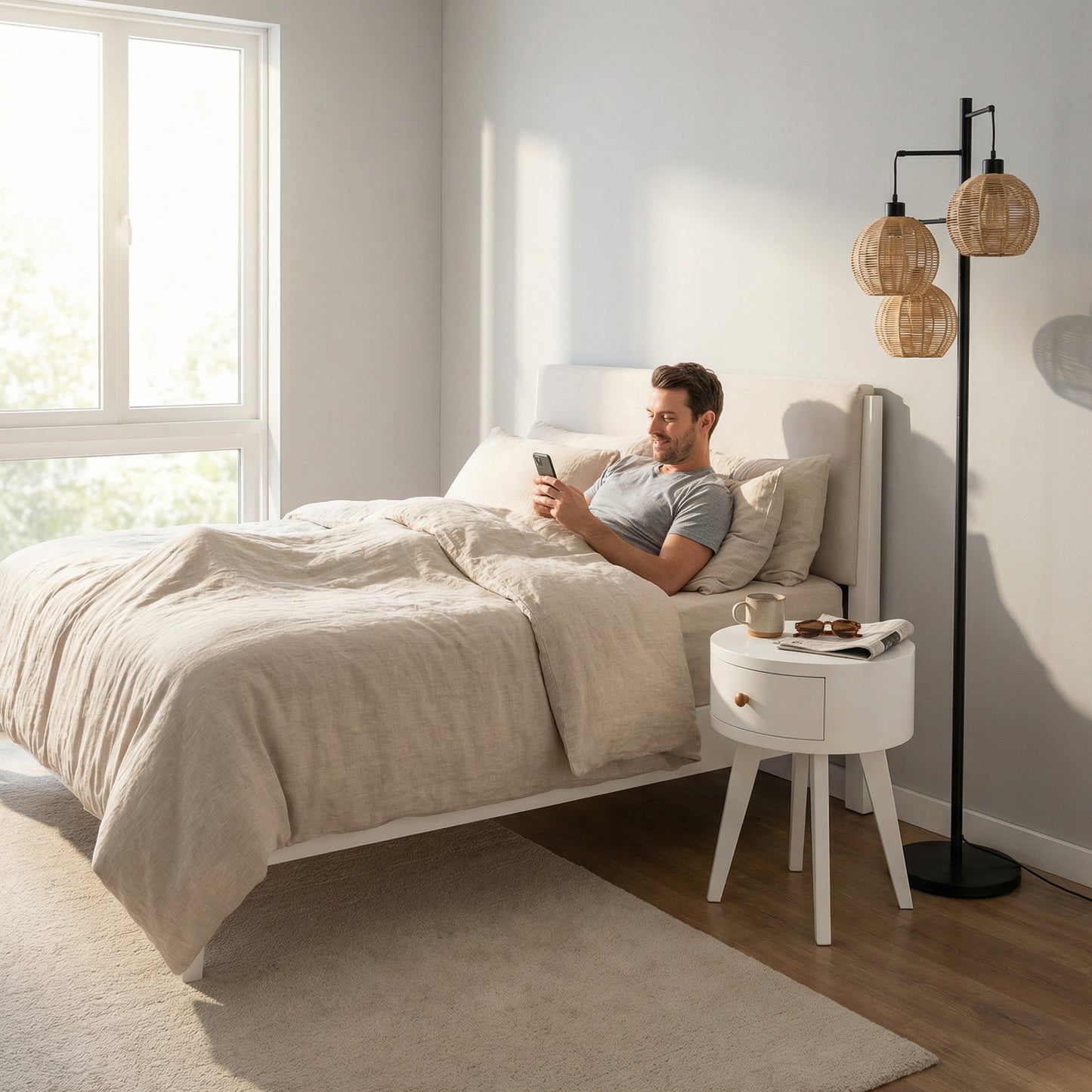 Luna Drawer – kompaktes rundes Nachttischchen mit Schublade, matt weiß (40 × 40 × 50 cm)