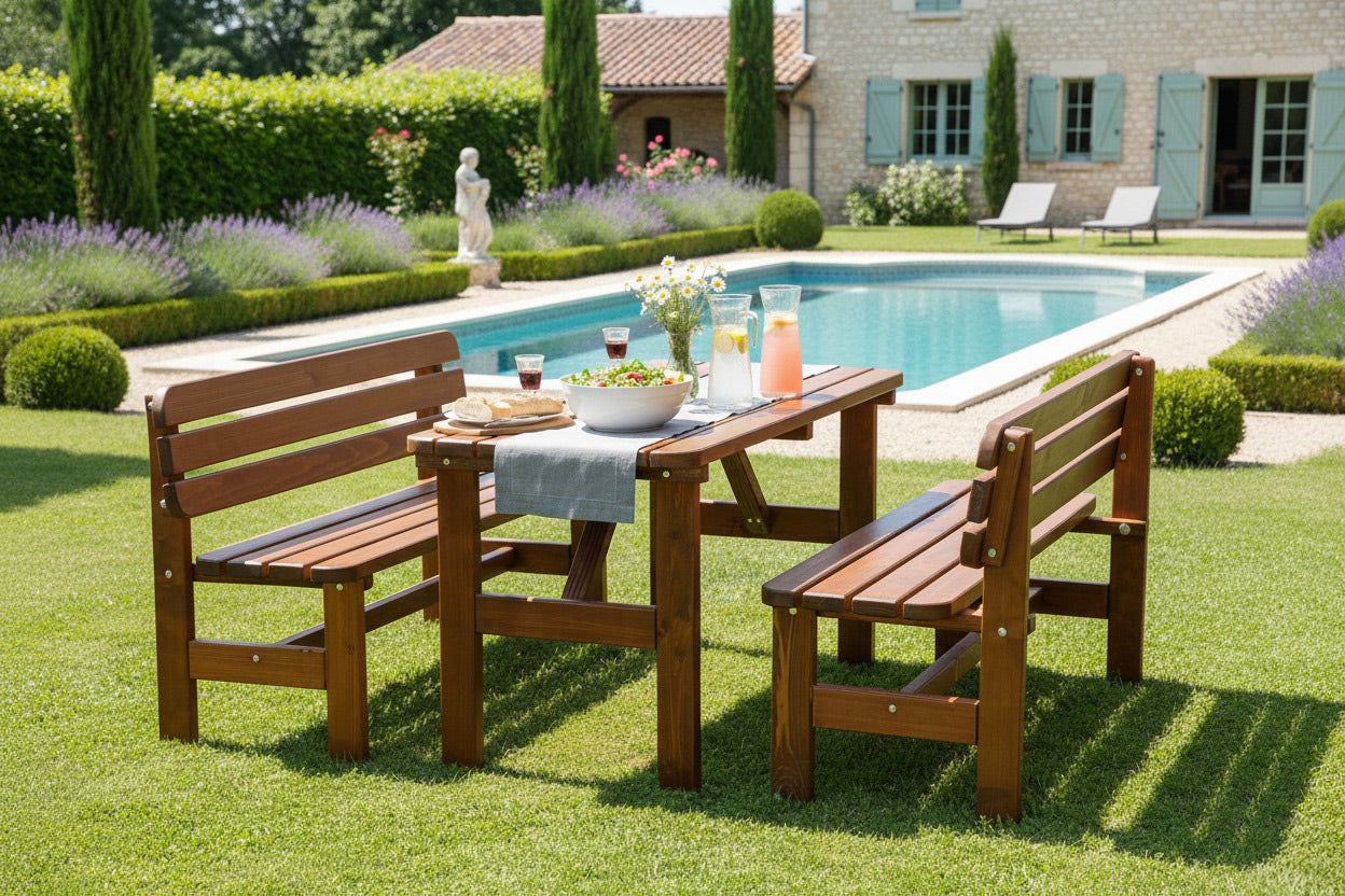 LUX Gartentischset aus Holz dunkelbraun 150 cm (KING ®)