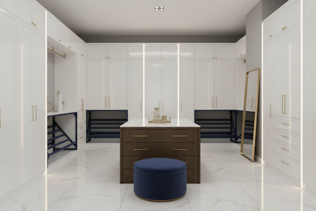 Luxe inloopkast met lege Shovero rekken