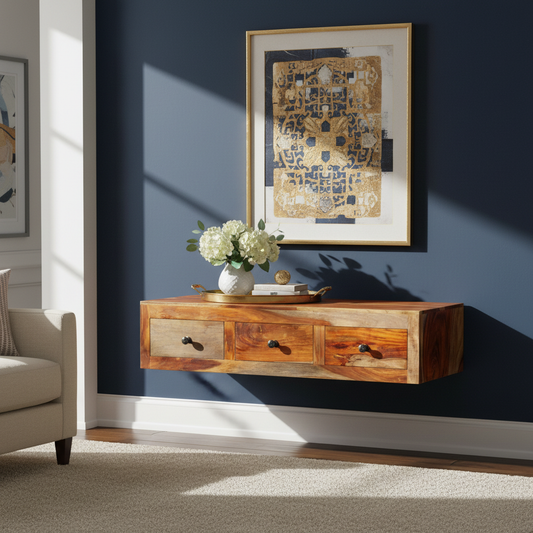 Luxe navy woonkamer — breed statement wall