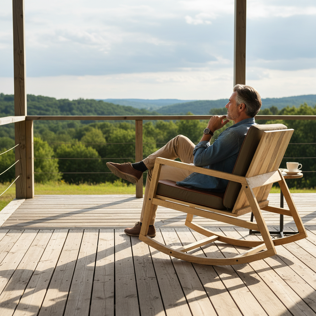 Man in schommelstoel kijkend naar buiten