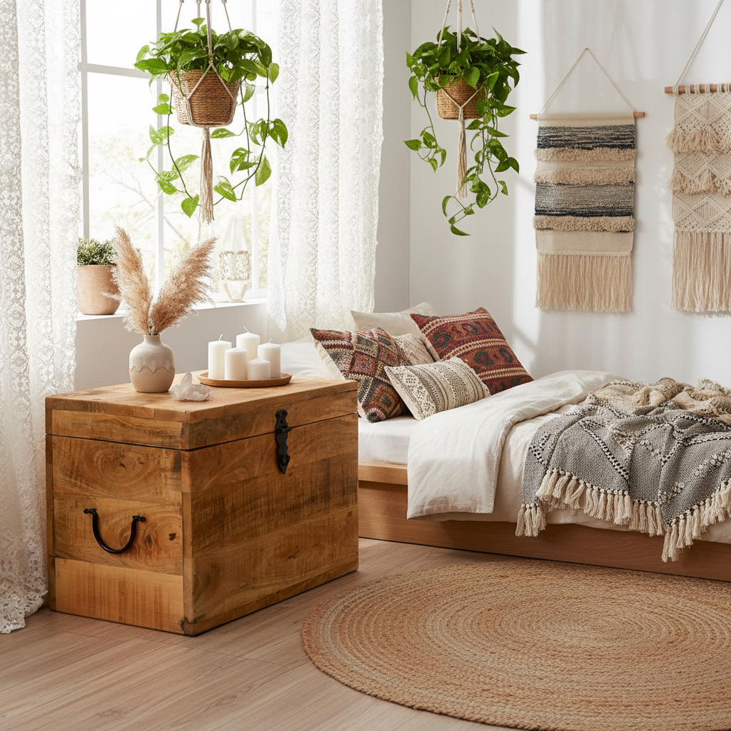 Massief mangohout opbergkist gesloten in bohemian slaapkamer