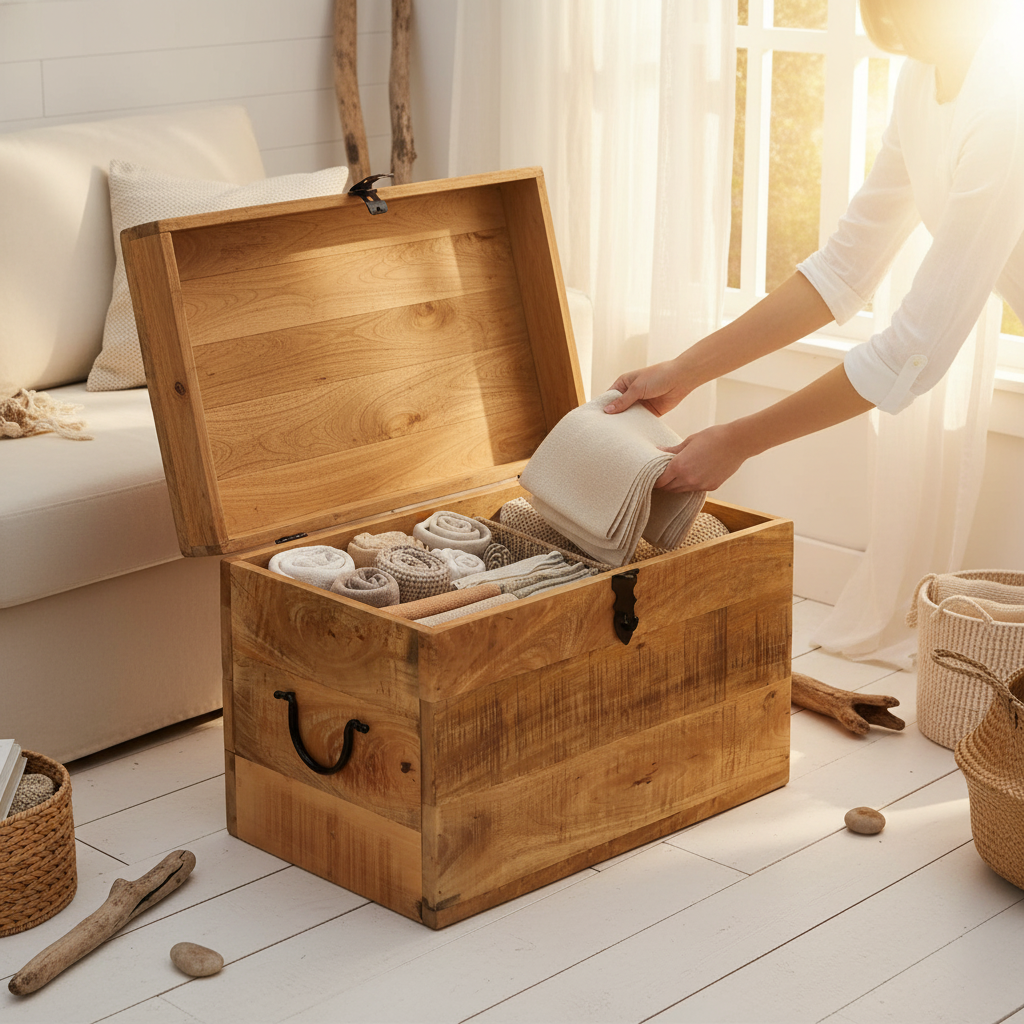 Massief mangohout opbergkist open met linnen in coastal woonkamer