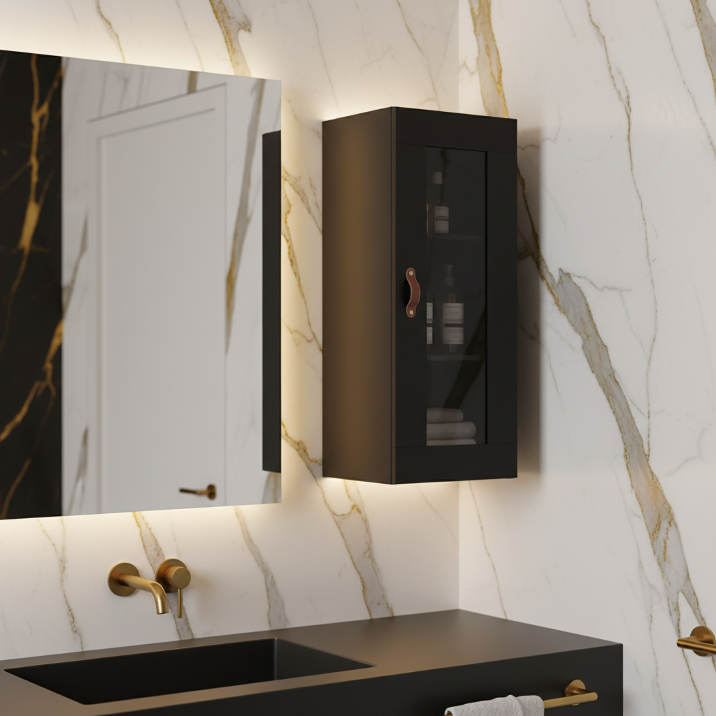 Mat zwarte hangkast met glazen deur in luxe badkamer