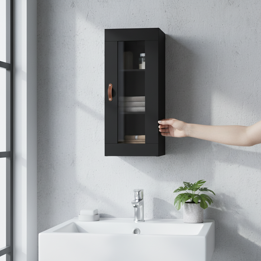 Mat zwarte hangkast met glazen deur in Scandinavische badkamer