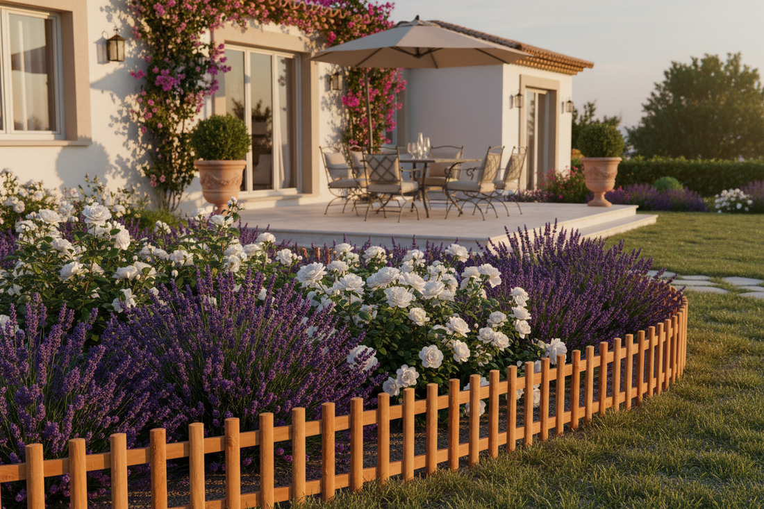 Mediterranean garden with lavender and roses