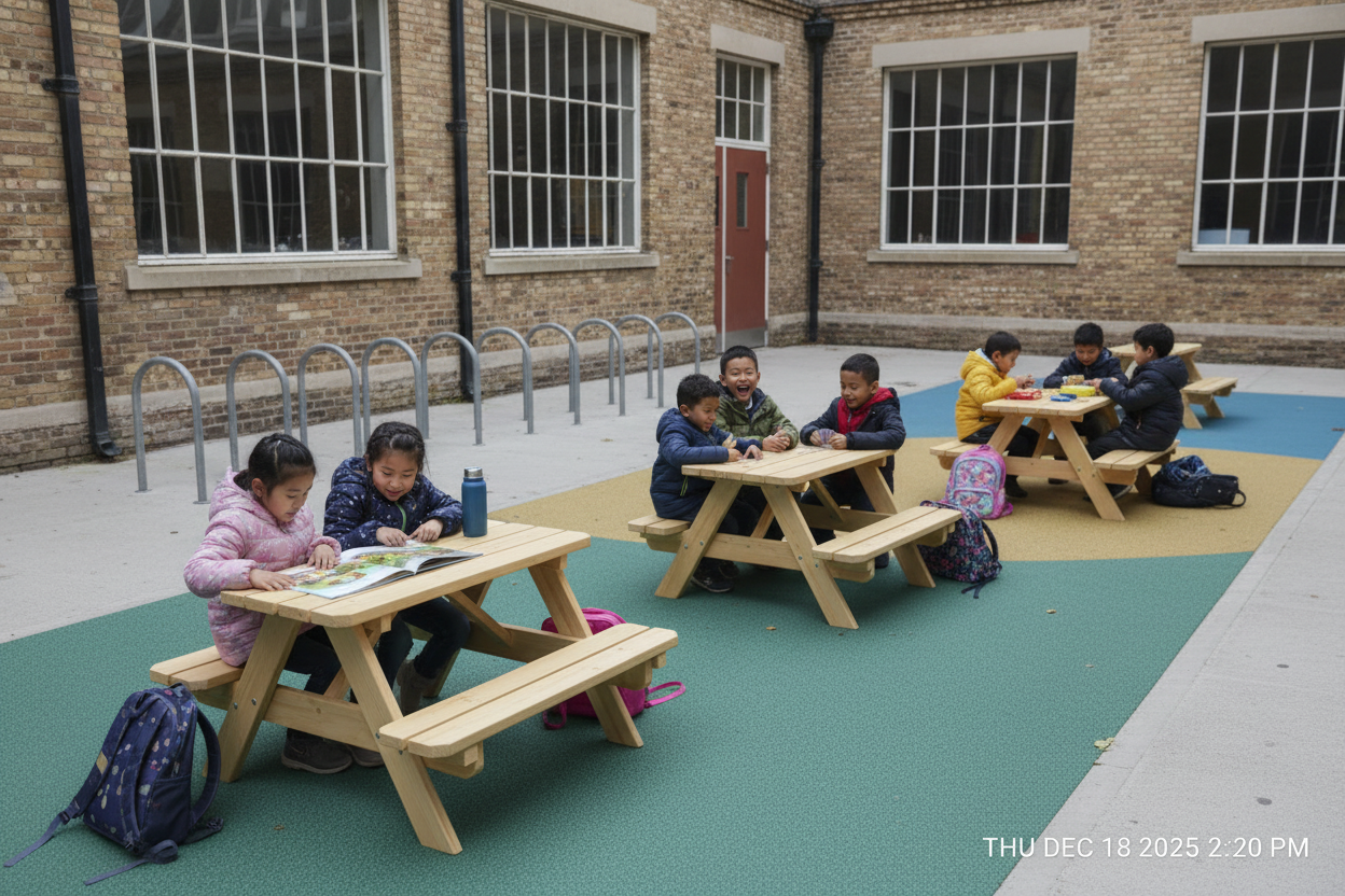 Meerdere groepen kinderen op schoolplein 14:20