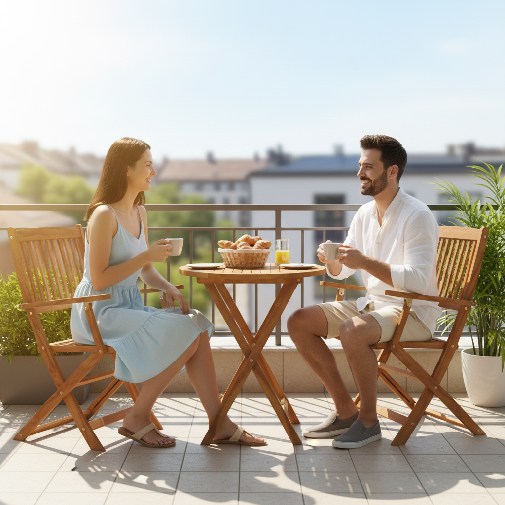 Mensen aan bistroset op balkon