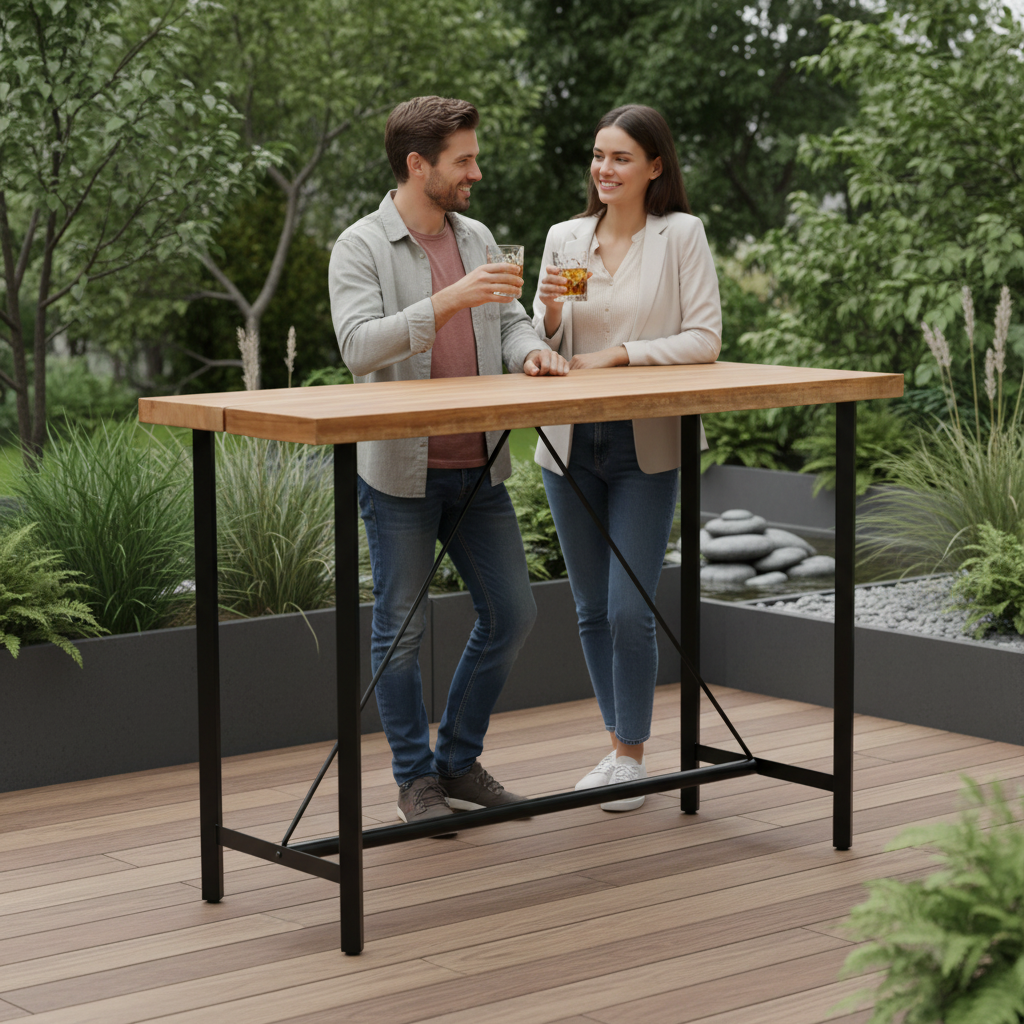 Mensen aan lange bartafel in tuin