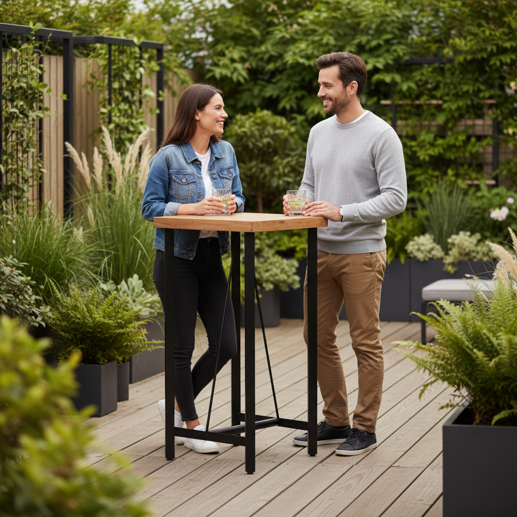 Mensen aan vierkante bartafel in tuin