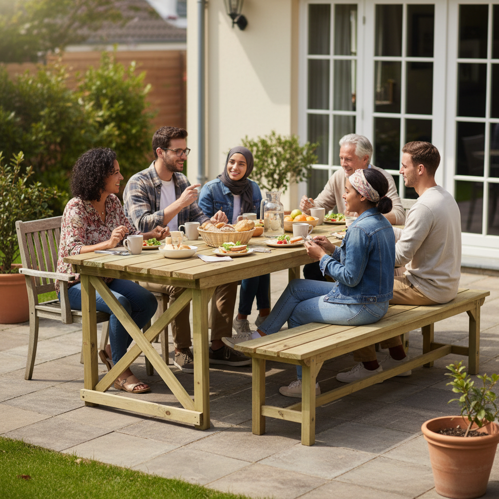 Mensen genieten aan tuintafel