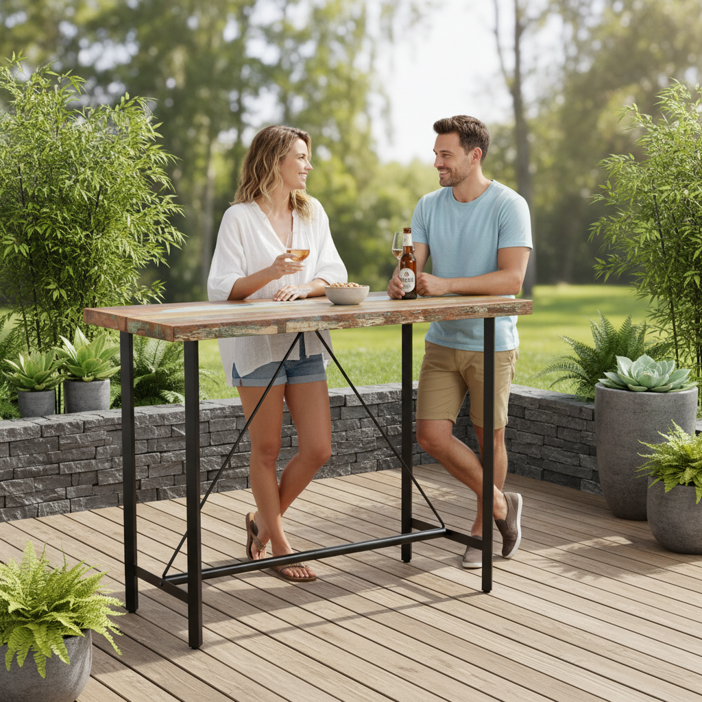 Mensen genieten van drinks aan bartafel in tuin