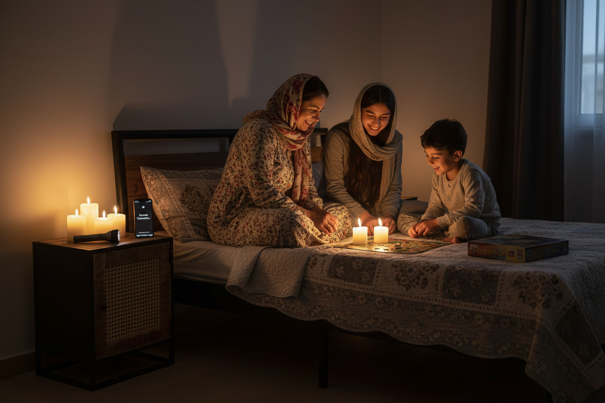 Midden-Oosters gezin tijdens stroomuitval