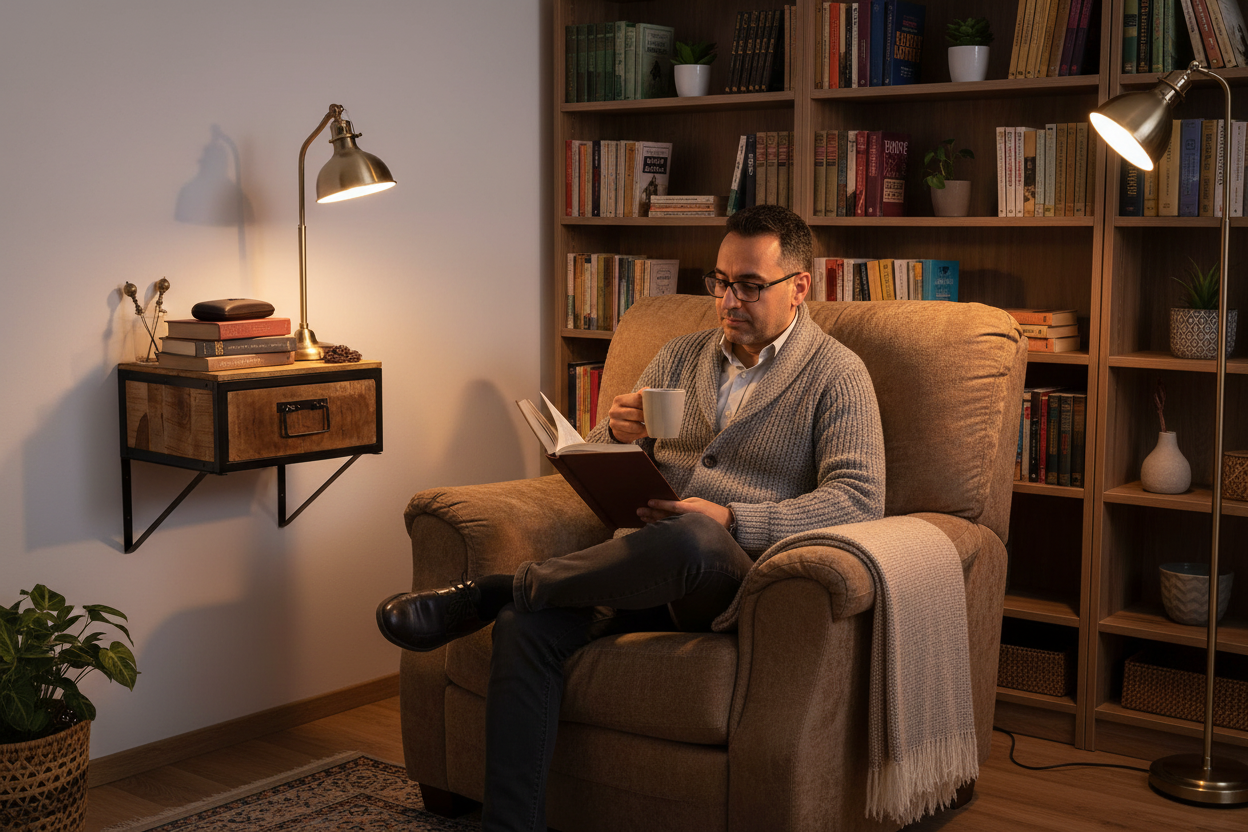 Midden-Oosterse man leest in woonkamer hoek