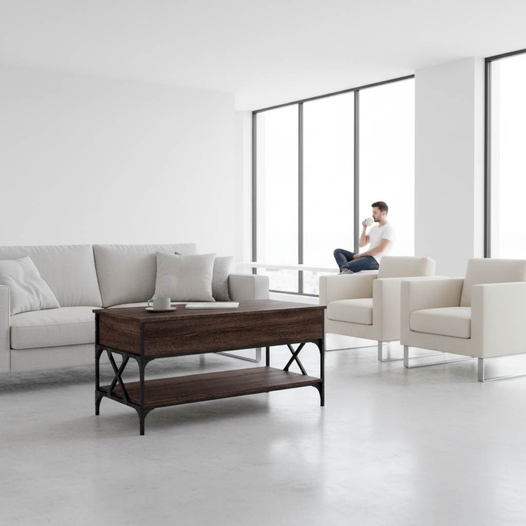 Minimalistische woonkamer met persoon