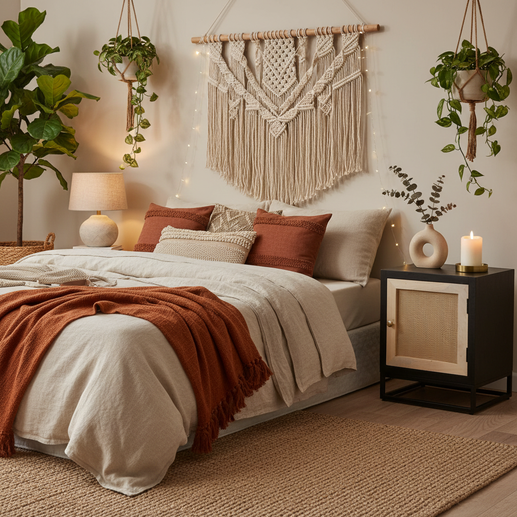 Modern nachtkastje met rotan in bohemian kamer