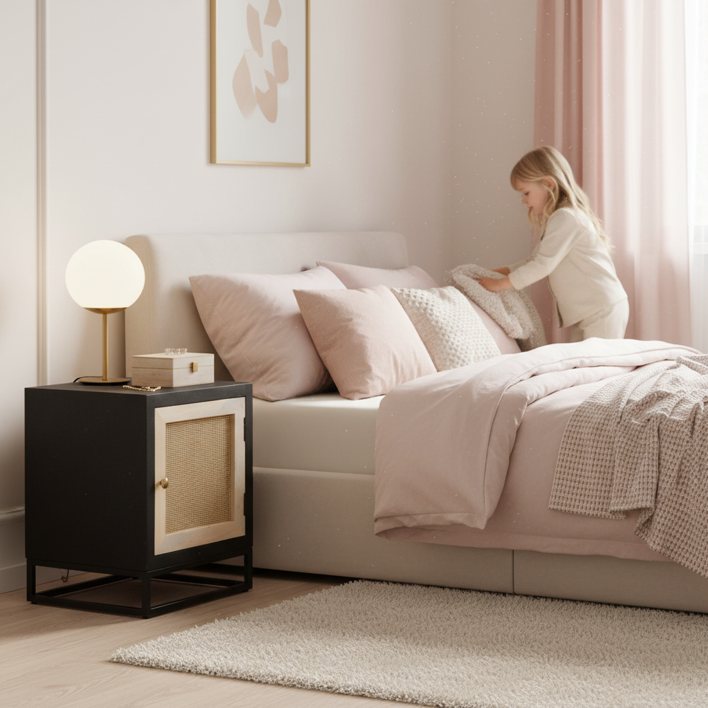 Modern nachtkastje met rotan in meisjeskamer