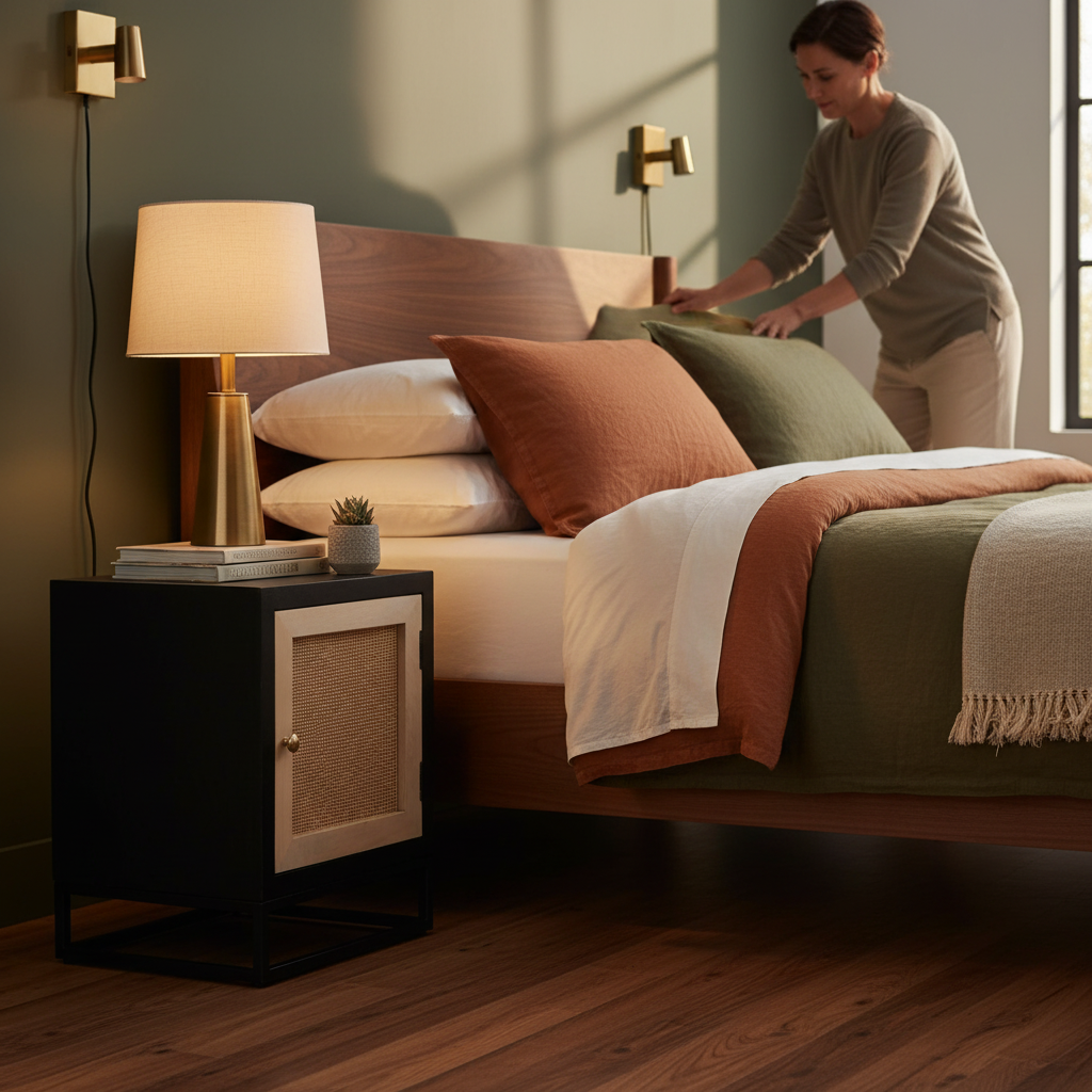 Modern nachtkastje met rotan in mid-century kamer