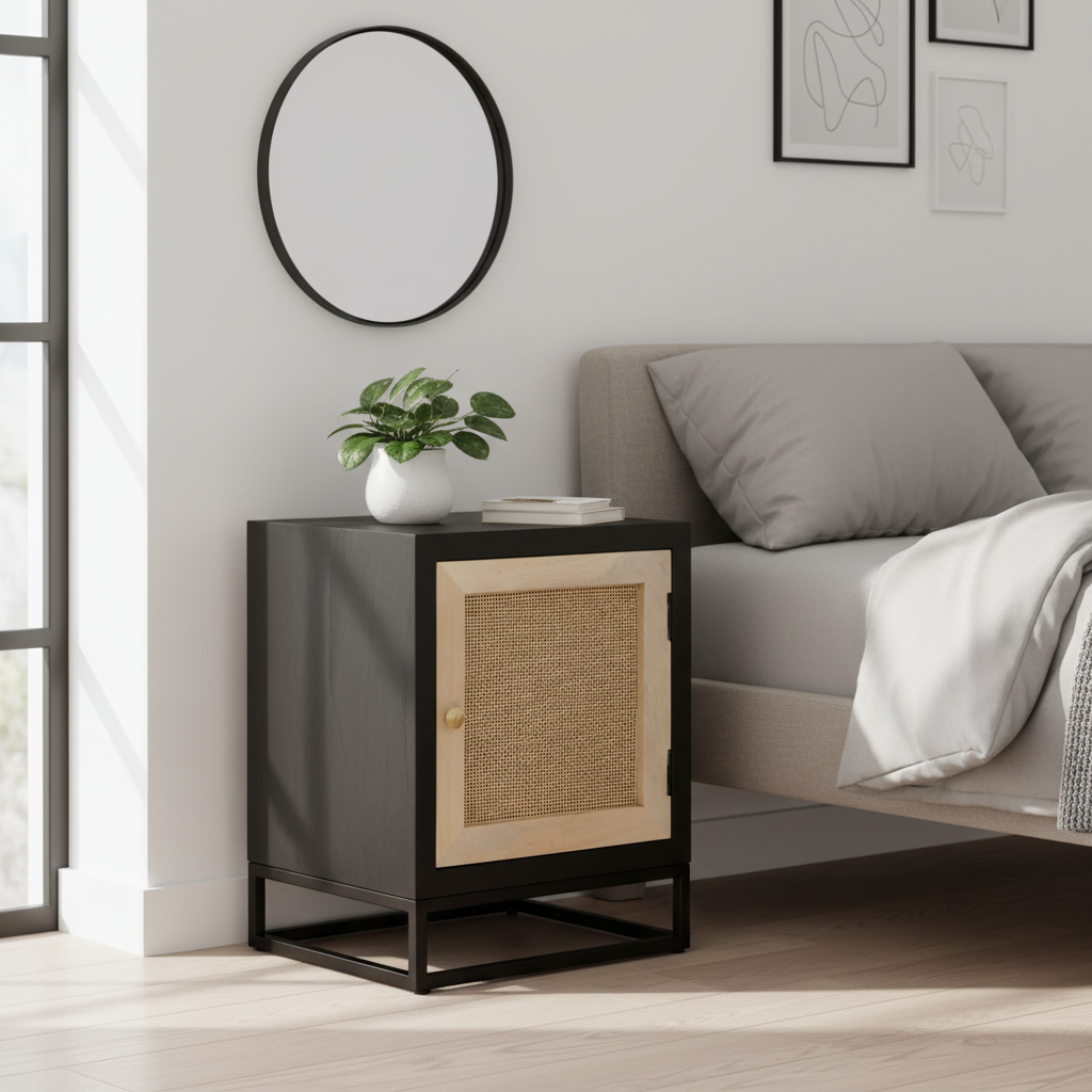 Modern nachtkastje met rotan in minimalistische kamer