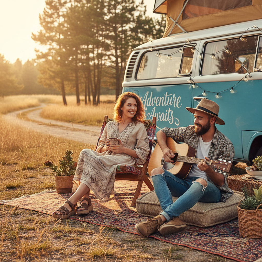 Moderne hippies met camper